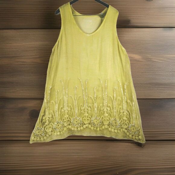 Soft Surroundings Woman’s Sz 1X Mustard Yellow Silk Tank Top Embellished Sequins - Picture 1 of 8